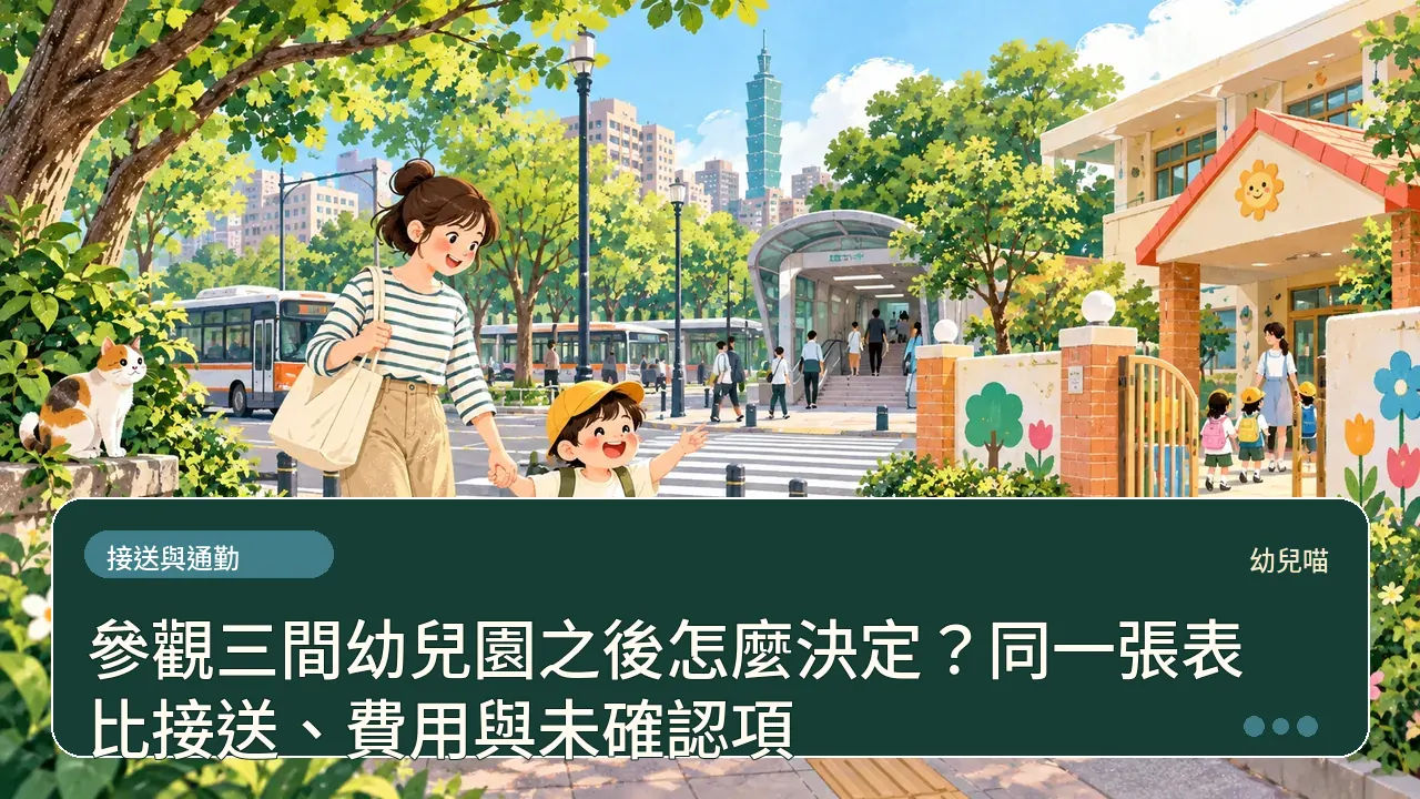 參觀三間幼兒園之後怎麼決定？同一張表比接送、費用與未確認項主題插畫