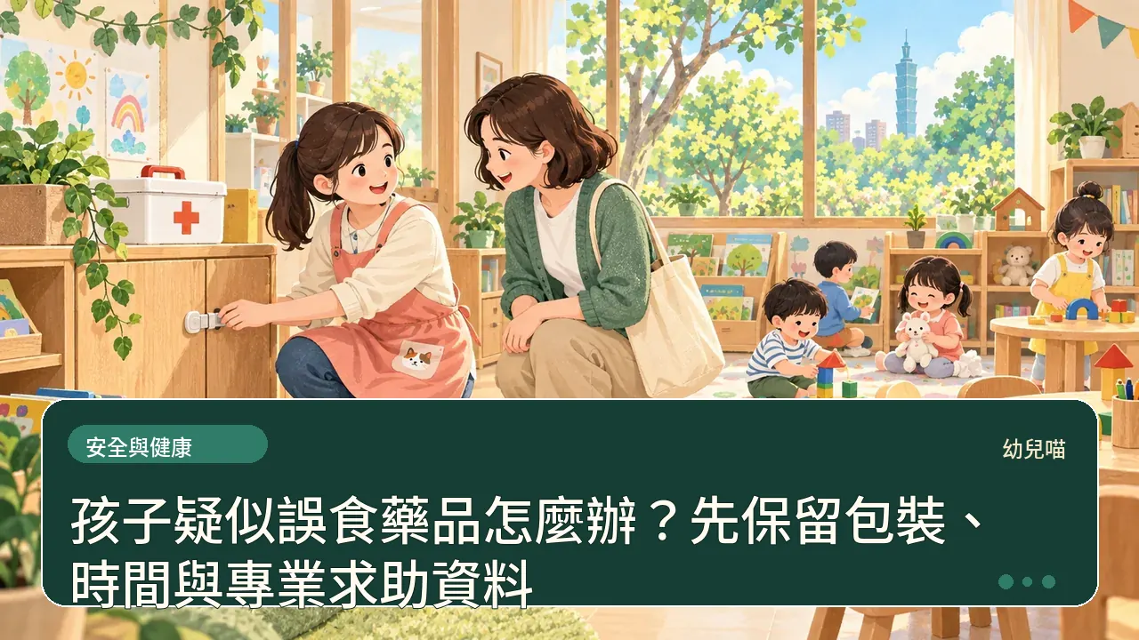 孩子疑似誤食藥品怎麼辦?先保留包裝、時間與專業求助資料主題插畫