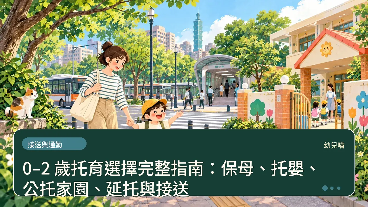 0–2 歲托育選擇完整指南：保母、托嬰、公托家園、延托與接送主題插畫