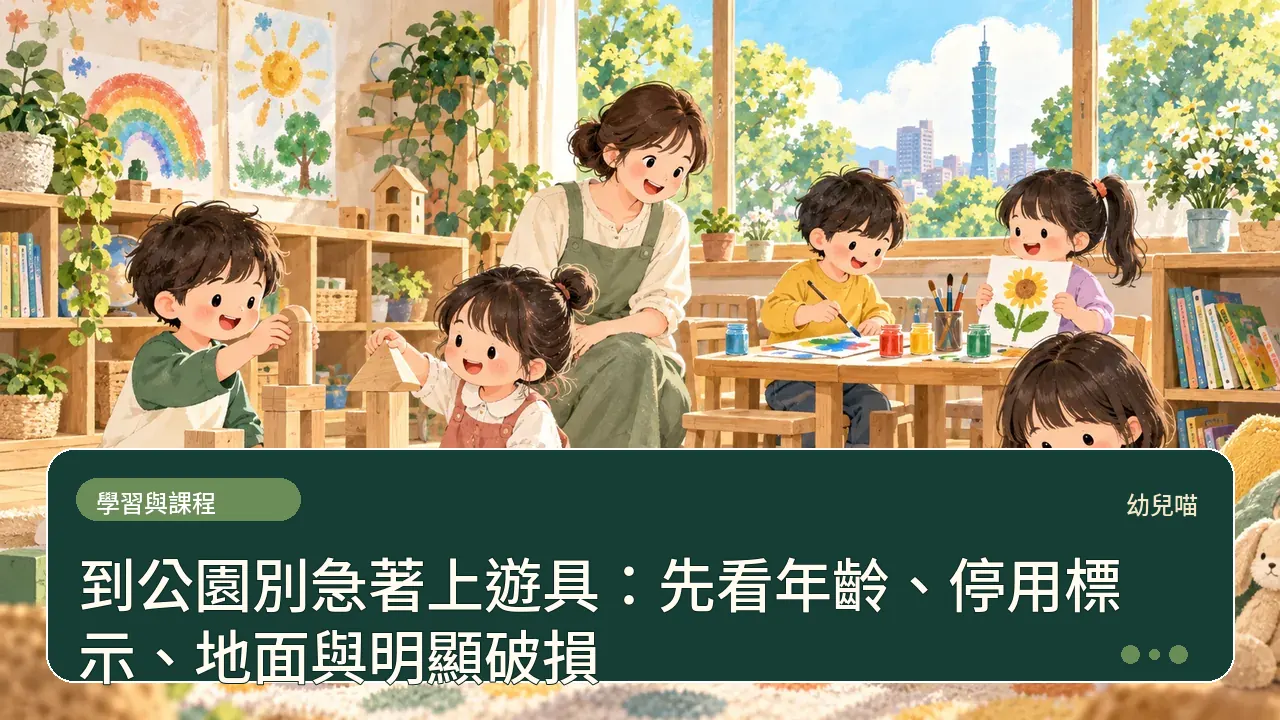 到公園別急著上遊具:先看年齡、停用標示、地面與明顯破損主題插畫