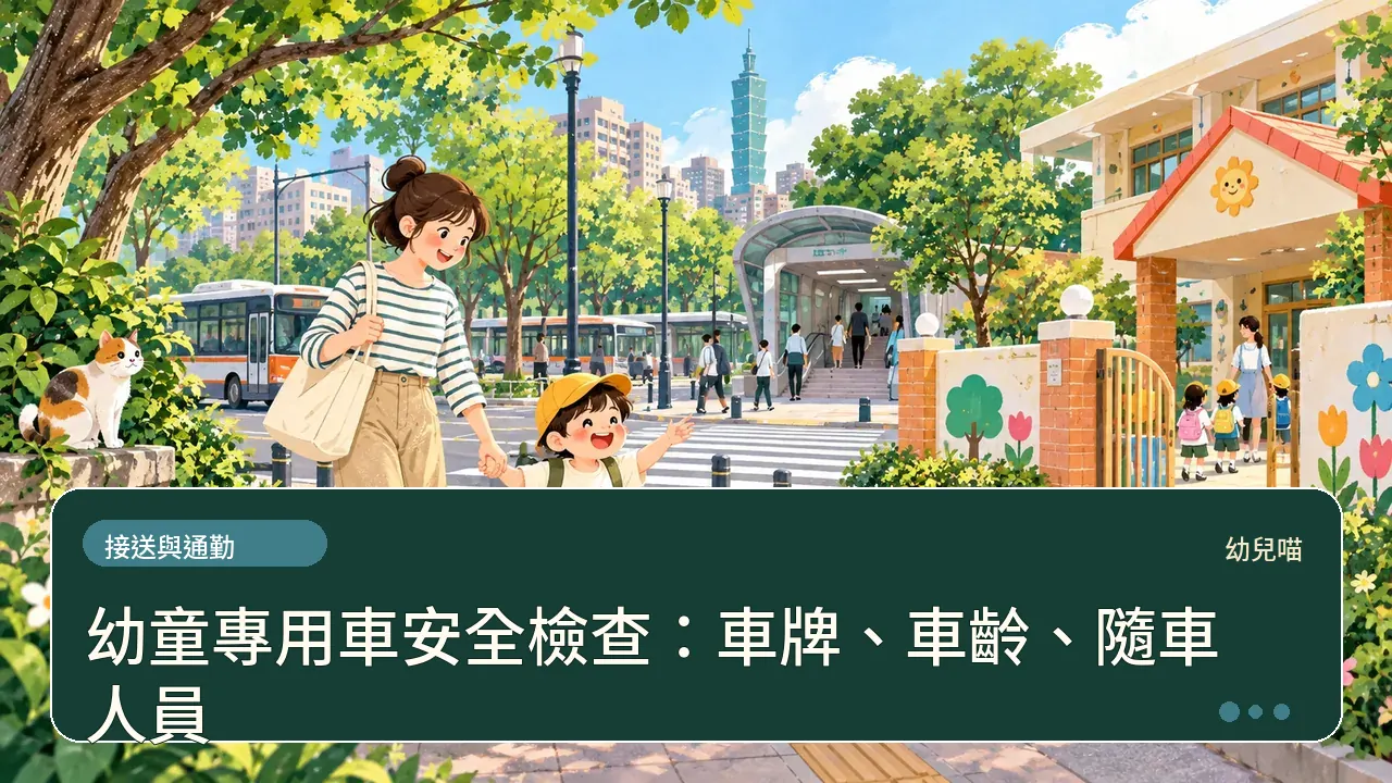 幼童專用車安全檢查：車牌、車齡、隨車人員主題插畫